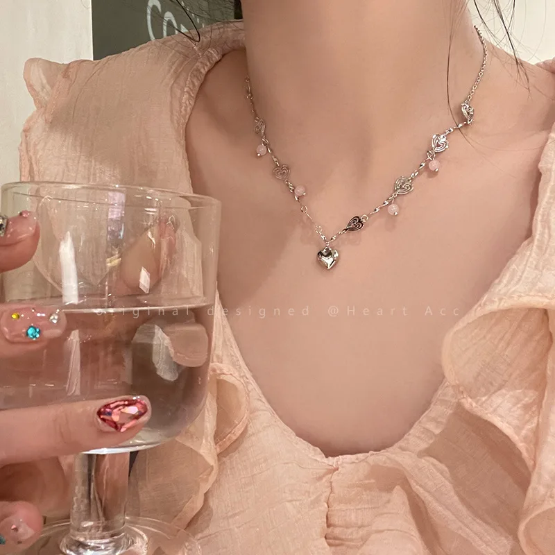 Korean INS Heart Moonlight Stone Water Drop Bowknot H Fishtail Smile Pendant Necklace Women Fashion Versatile Banquet Jewelry