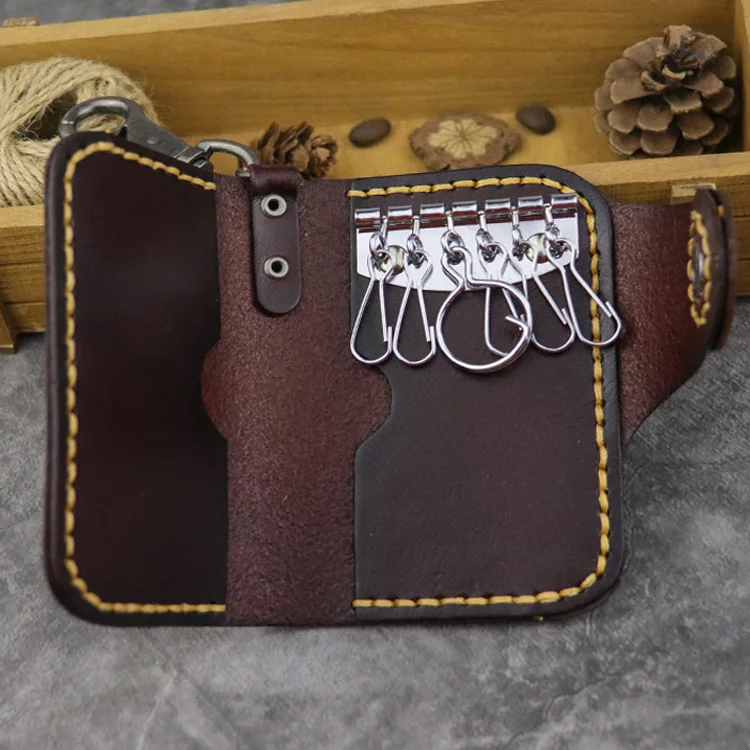 Handmade prawdziwej skóry skórzany na klucze portfel z uchwytem pokrowiec na karty Vintage z kluczem pierścień breloczek — zdjęcie 5