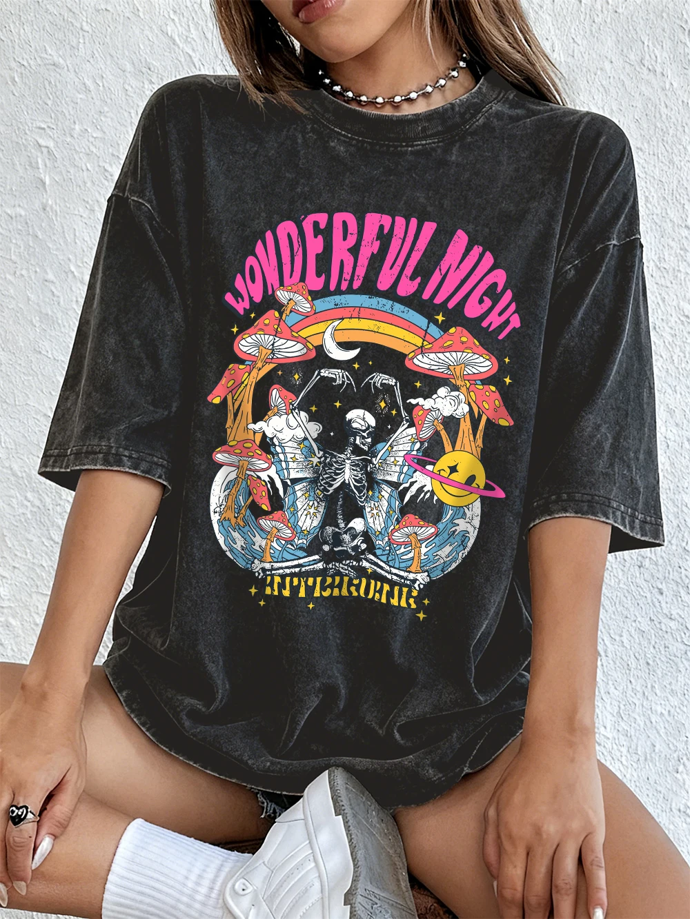 Wonderful Night Skeleton Print Washed T-Shirts Women Cotton Oversize T Shirt Summer Soft Short Sleeve Tops Casual O-Neck Clothes