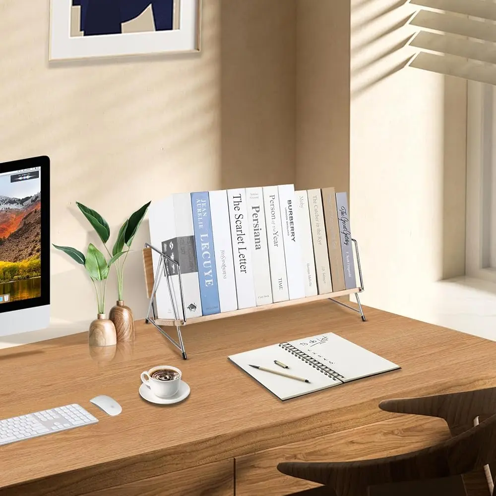 Wood Desktop Bookshelf, Tabletop Book Organizer Ra In Living Room/Home/Office, Tilting Bookcase For Books/Cds/Magazine Display