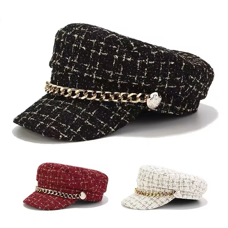 Women Tweed Newsboy Cap  Gold Chain Decor Flat Top Sailor Hat Spring Autumn Plaid Elegant Baker Boy Cap Vintage Lady Headwear