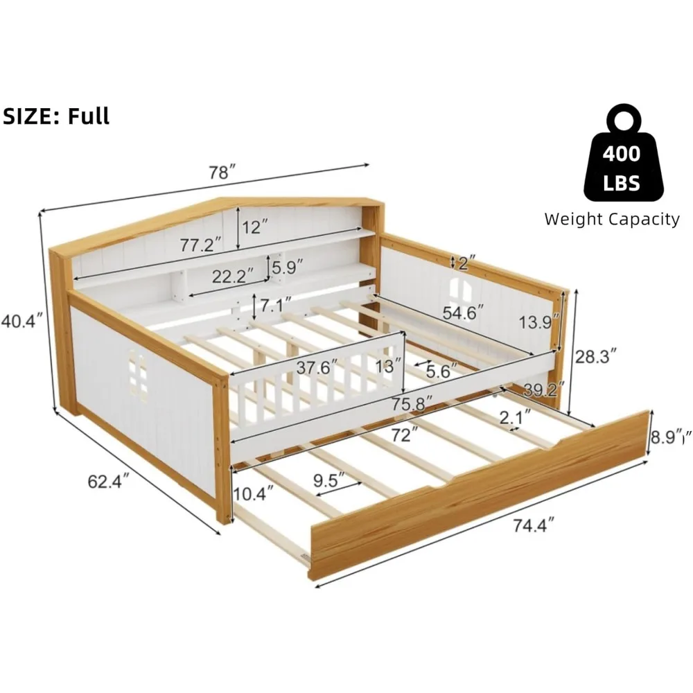 Full Size Bed Frames with Trundle and Bookcase Headboard, House Shape Daybed for Kids Girls Boys Teens, No Box Spring Needed