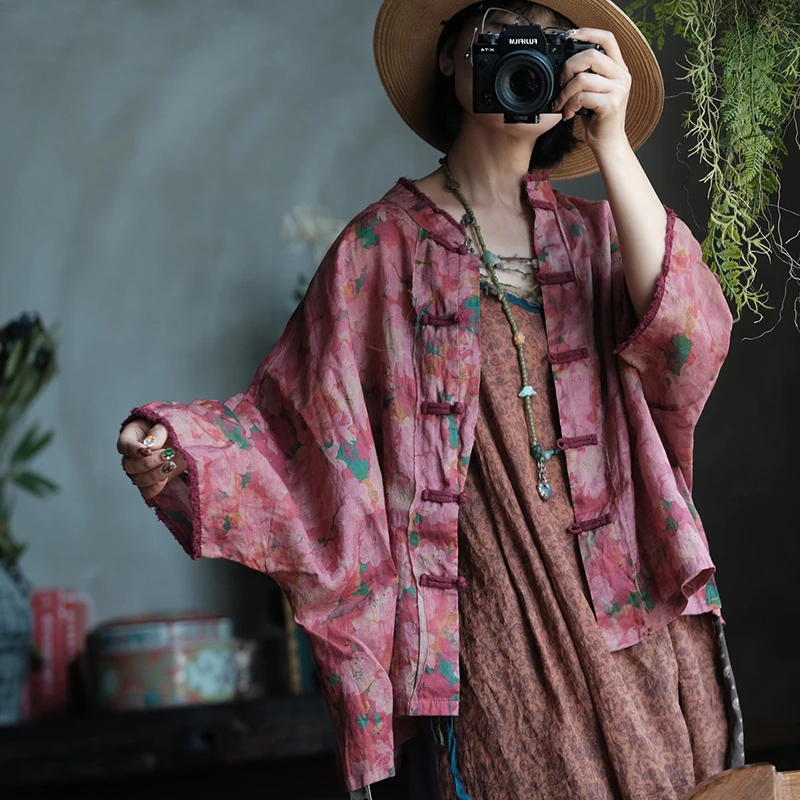 Chinese Style Women Casual Shirt New 2026 Summer Floral Print Loose Comfortable Female Ramie Batwing Sleeve Tops Shirts M2764