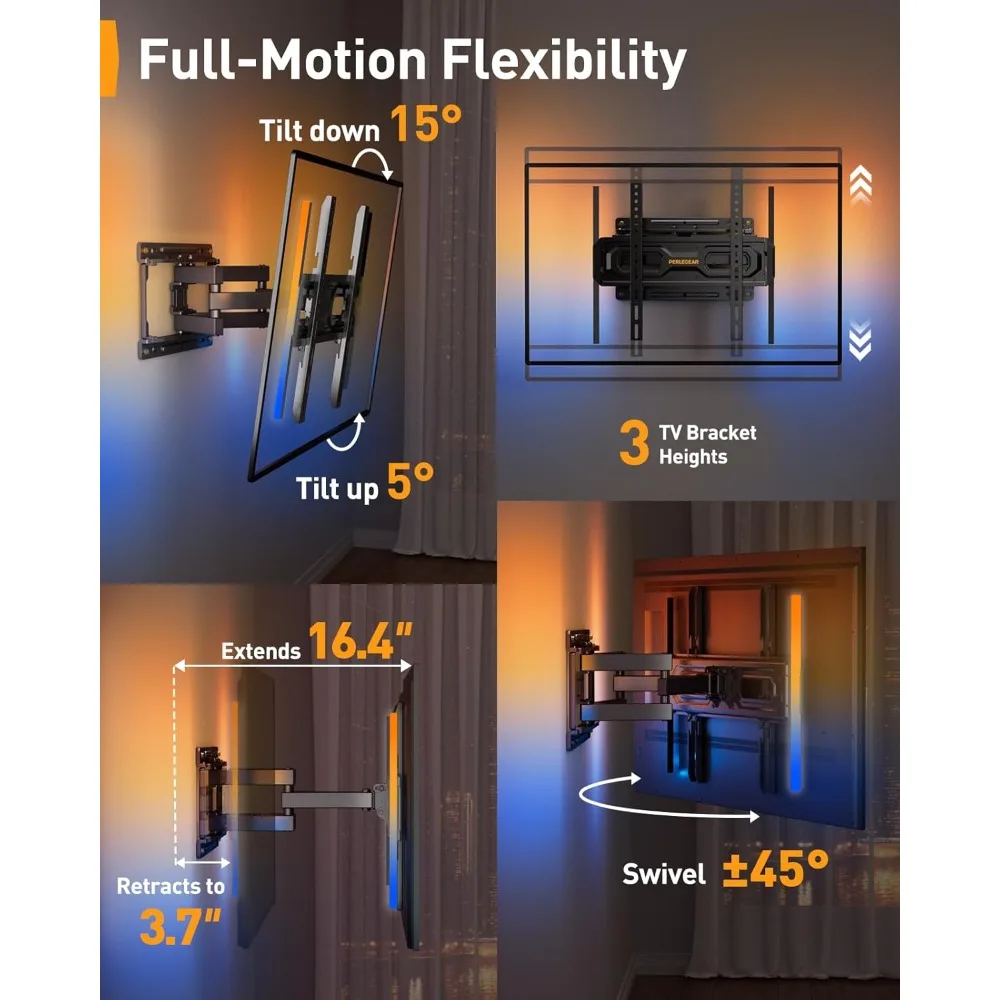 Suporte de parede para TV pré-montado com luzes LED para TVs de 26 a 65 polegadas de até 99 libras, Max VESA 400x400mm, giratório, extensão,