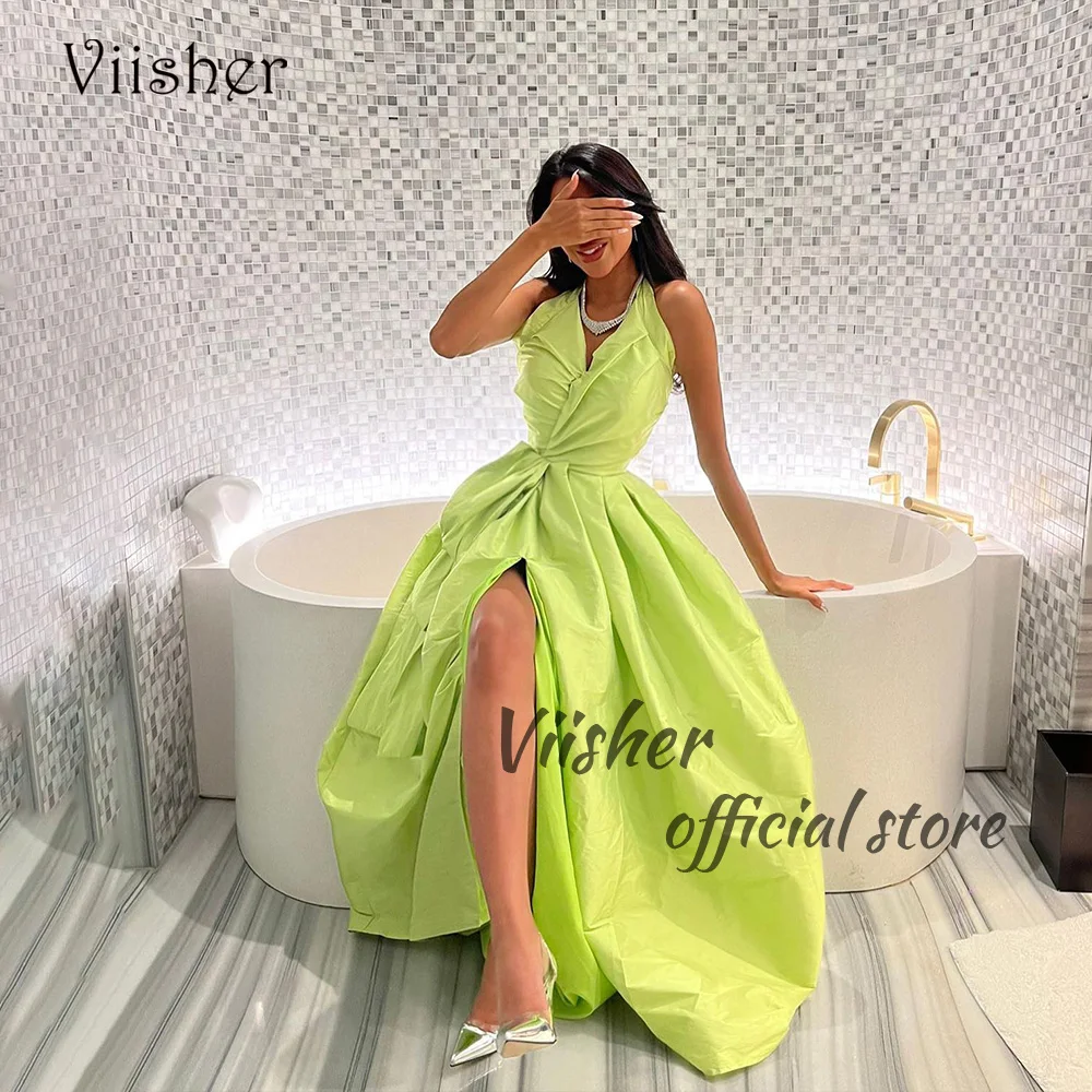 

Viisher Green Halter Evening Dresses with Slit Pleats Satin A Line Long Prom Party Dress Floor Length Dubai Arabic Evening Gowns