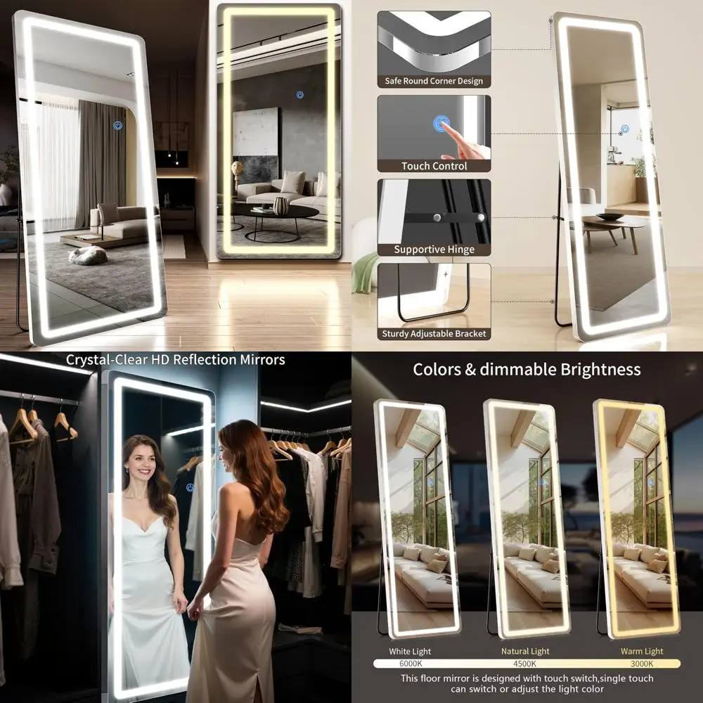 Koonmi LED Full Length Mirror, 76x34 Floor Mirror with Rounded Corner, Dimmable Lights - 3 Color Modes, Full Body Mirror, Standi