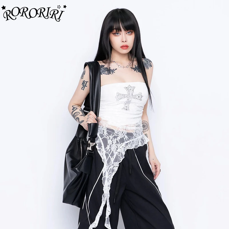 

RORORIRI Flowy Irregular Lace Spliced Corset Top Women Retro Rhinestone Cross Ruffle Belt Slim Sleeveless Vest Sexy Y2k Clothes