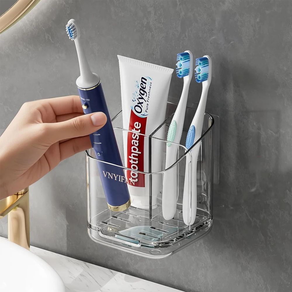 Suporte para Escovas de Dente de Grande Capacidade, Caixa Organizadora de Plástico Montada na Parede para Escovas de Dente, Pasta de Dente e Lâminas