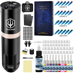 Kit de tatuaje inalámbrico POSEIDON, pluma para maquillaje permanente, máquina negra, fuente de alimentación