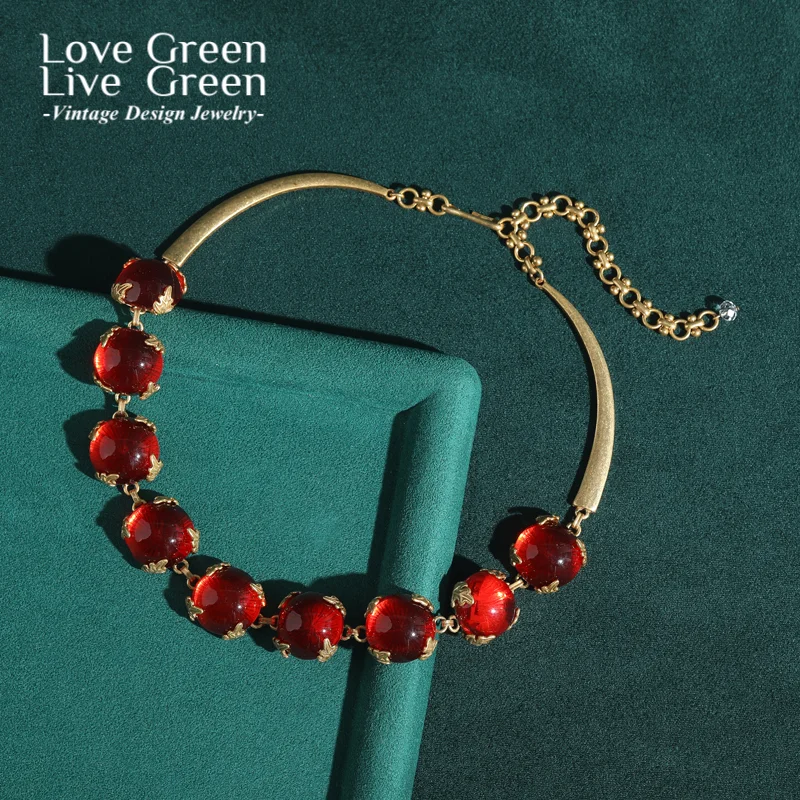 

Vintage Red Glaze Choker Necklace Gold Color Luxury Retro Jewelry Designer Cat Eye Trendy 2025 Unique Wedding Engagement 2025