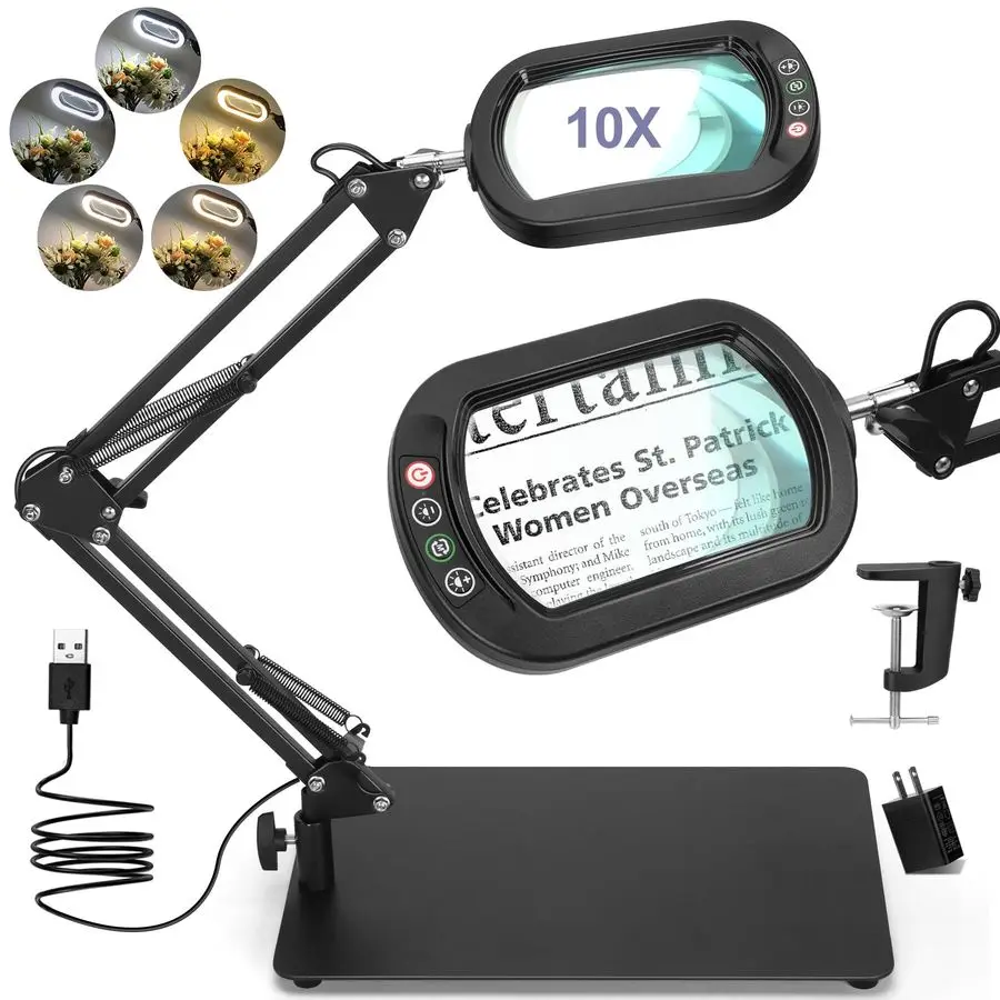 

Лупа квадратная 10X с подсветкой и подставкой, увеличительное стекло из настоящего стекла с LED-подсветкой, 5 режимов цвета, плавная регулировка яркости, для работы без рук