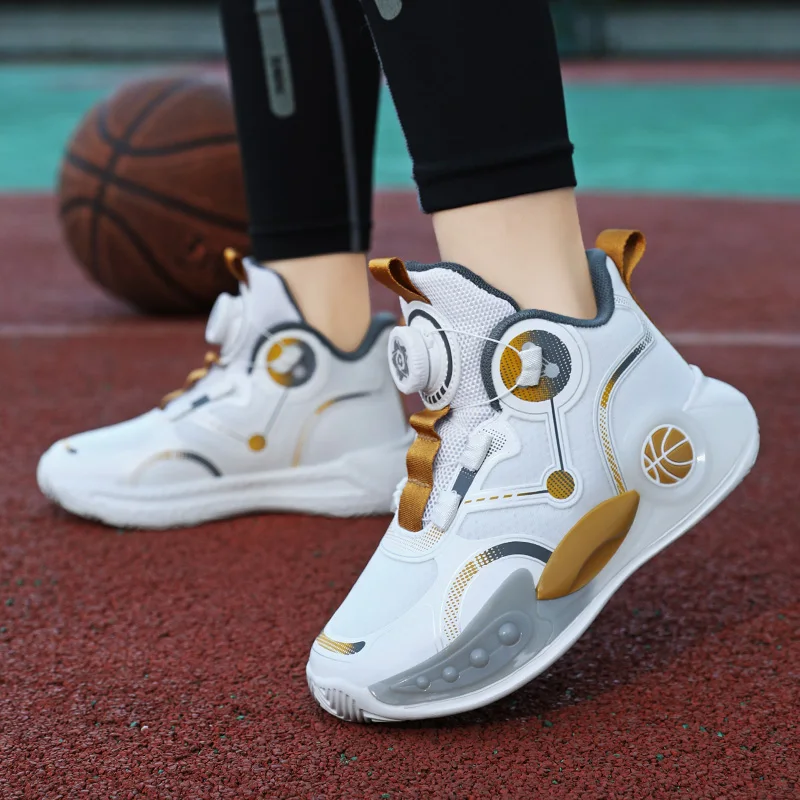 أحذية رياضية قتالية لكرة السلة للأولاد ، أحذية رياضية مانعة للإنزلاق ، قابلة للتنفس ، زر دوار ، خفيفة الوزن ، أحذية جري للأطفال ، جديدة ، #5
