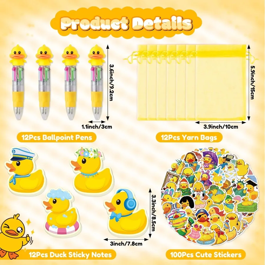 Conjunto de presente de papelaria de pato de borracha amarelo para: 12 pacotes de material escolar com tema animal fofo, incluindo canetas esferográficas de pato 4 em 1 St