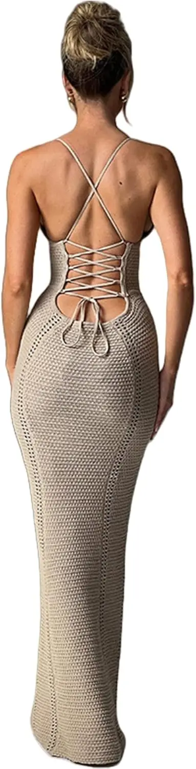 Women's Crochet Knitted Halter Maxi Dress Sexy Hollow Out V-Neck Lace Up Backless Bodycon Beach Holiday Long Dress Hot dress