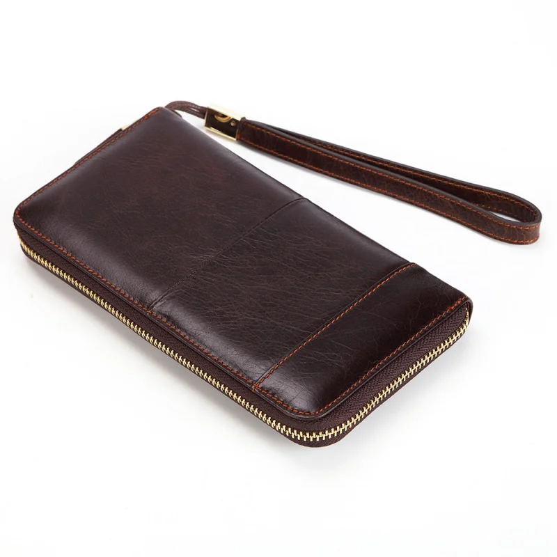 Men's Long Handbag Business Vintage Cow Leather Man Wallet  Brand Long Wallet For Man And Woman Oil Wax Zipper Bag Male Purse