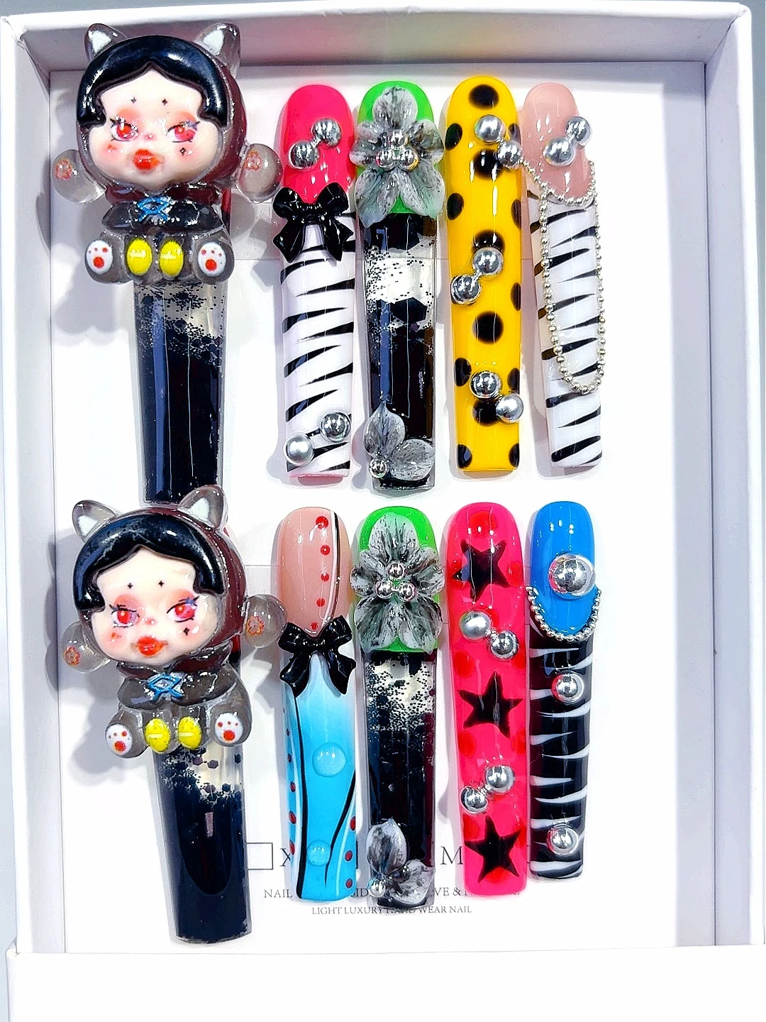 3D pop hars druk op nagels - dierenprint zebra luipaard strass strik accent kunstnagels handgemaakt voor vrouwen (O012)