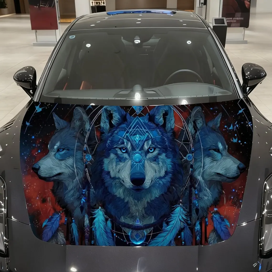 

Dreamy Three Wolves Starry Tribal Style Car Vinyl Wrap, PVC Material Waterproof Car Hood Sticker, Self-Adhesive Scratch-Resistan