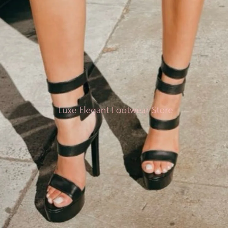 

Black Leather Back Zipper Platform Stiletto Sandals Women Hollow Ankle Strap Peep Toe High Heels Sexy Narrow Band Party Shoes