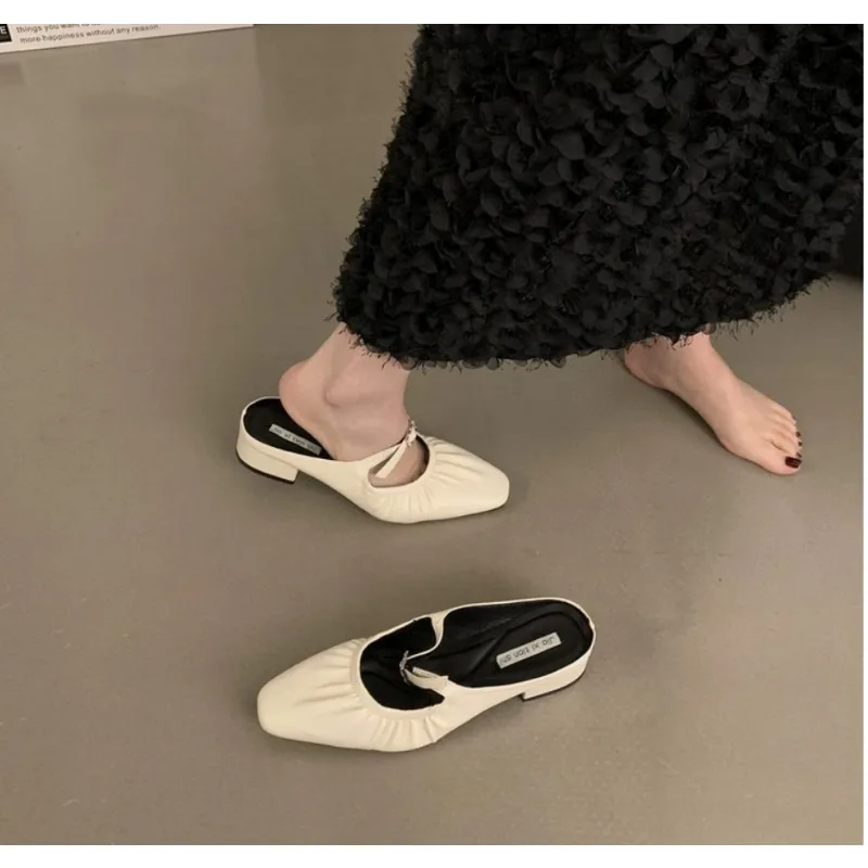 2024 Spring Gold New Brand Women Slipper Fashion Pleated Round Toe Slip On Mules Shoes Round Toe Outdoor Dress Sandal Shoes