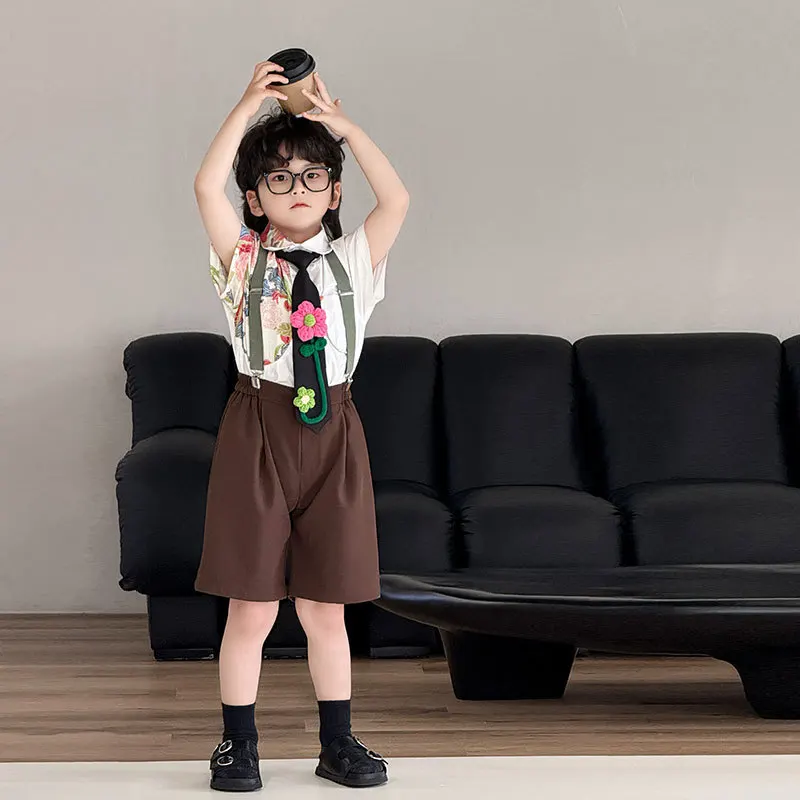 Boys Set 2026 Spring/summer New Childrens Clothes Boys Baby Holiday Style Shirt Flower Tie Strap Shorts Four-piece Set