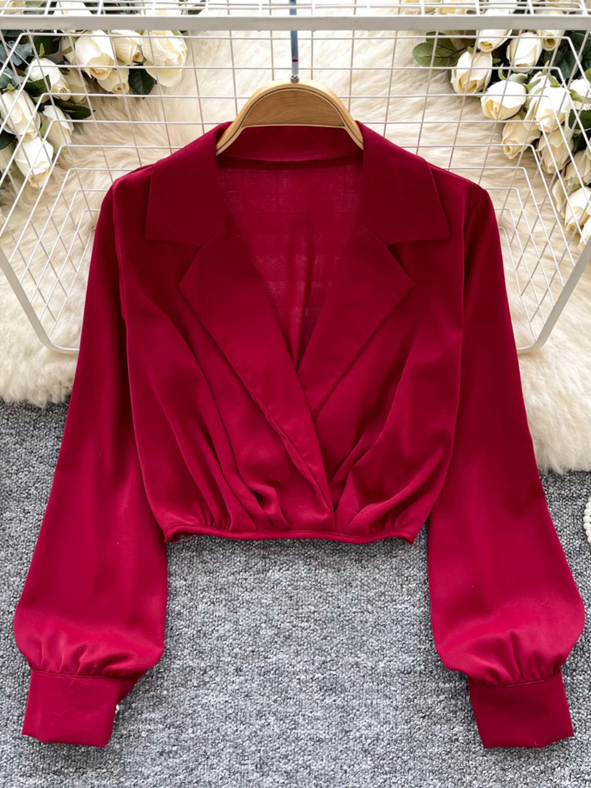 

Design Sense Short Crop Top Women Spring Aummer Suit Collar French Elastic Waist Blouses Spicy Girl Long Sleeve Shirts