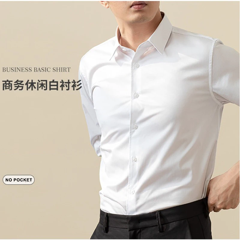 

Solid Plain White Dress Shirts for Men Pocketles Slim Male Business Formal Social Shirts Office Working Suit Shirts