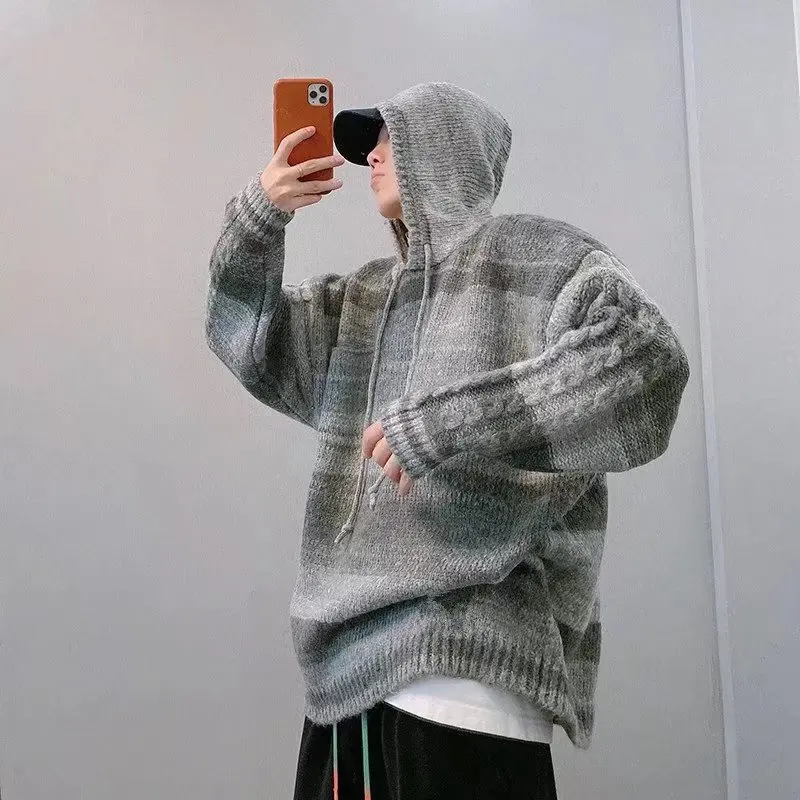 

Color matching sweater in autumn and winter Men's China-Chic lazy retro loose striped hooded knitting INS casual versatile coat