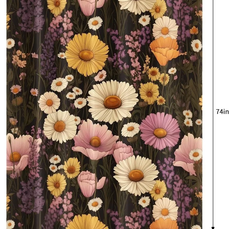 Dark Background Daisy Wildflower Print Shower Curtain No Drilling Bathroom Decor Waterproof Fabric with 12 Hooks