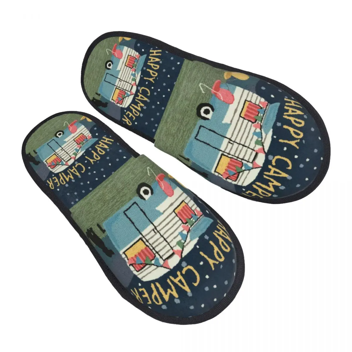 Custom Adventure Travel Happy Camper Memory Foam Slippers Women Comfy Warm Cartoon RV Camping House Slippers