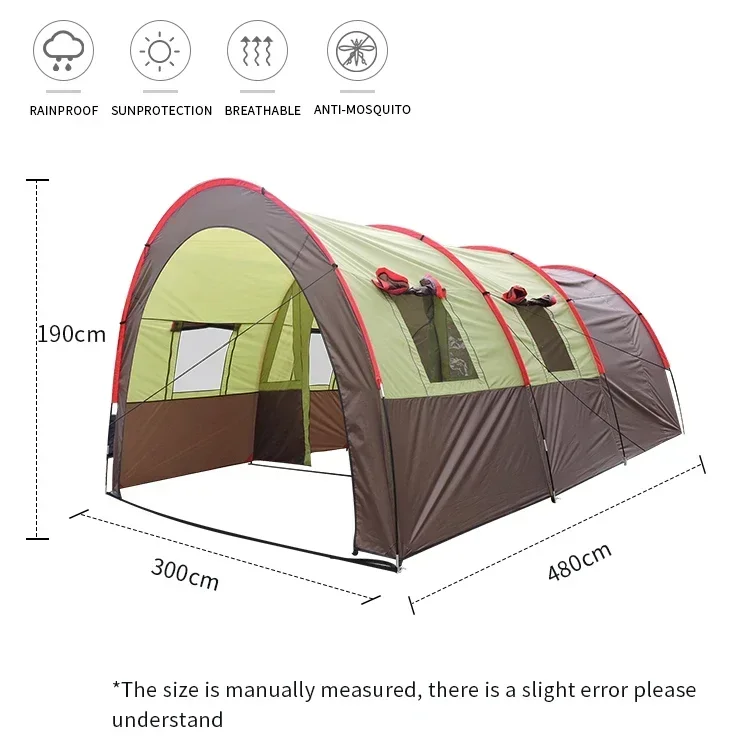 Outdoor camping tent luxury tunnel portable large space one bedroom family tent for 5-6 people