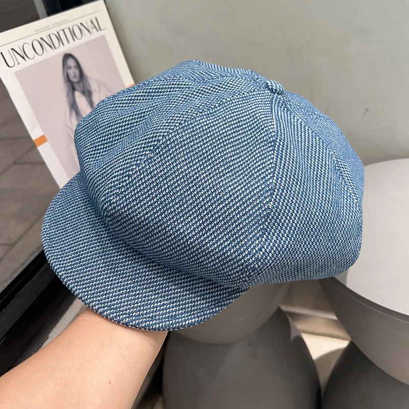 Oversized Blue Short-brimmed Octagonal Hats for Women Spring and Summer Retro British Style Literary and Versatile Cloud Berets