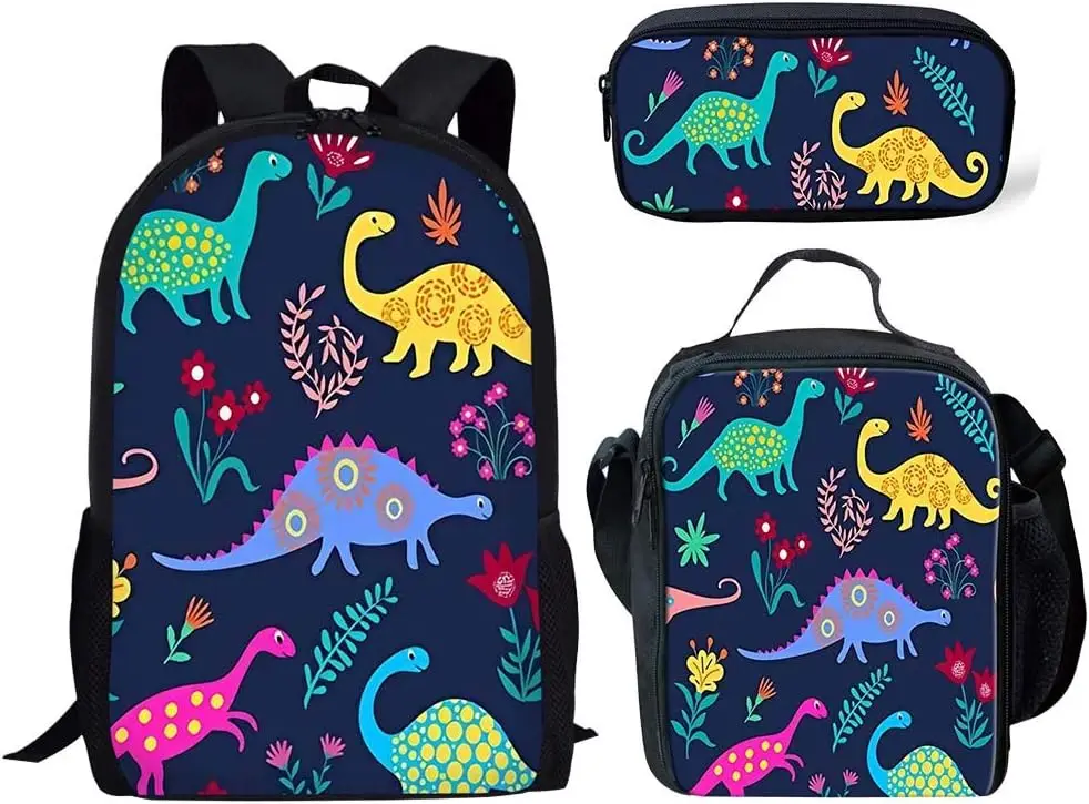 Cartoon Dinosaur Pattern Print 3 Set School Bag Lightweight Backpack for Teen Boys Girl Casual School Bag Lunch Bag Pencil Case