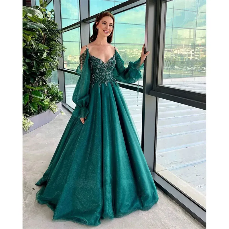 

Emerald Green Tulle Evening Dress Spaghetti Straps Puffy Sleeves Engagement Party Dress Applique A Line Birthday Gown for Women