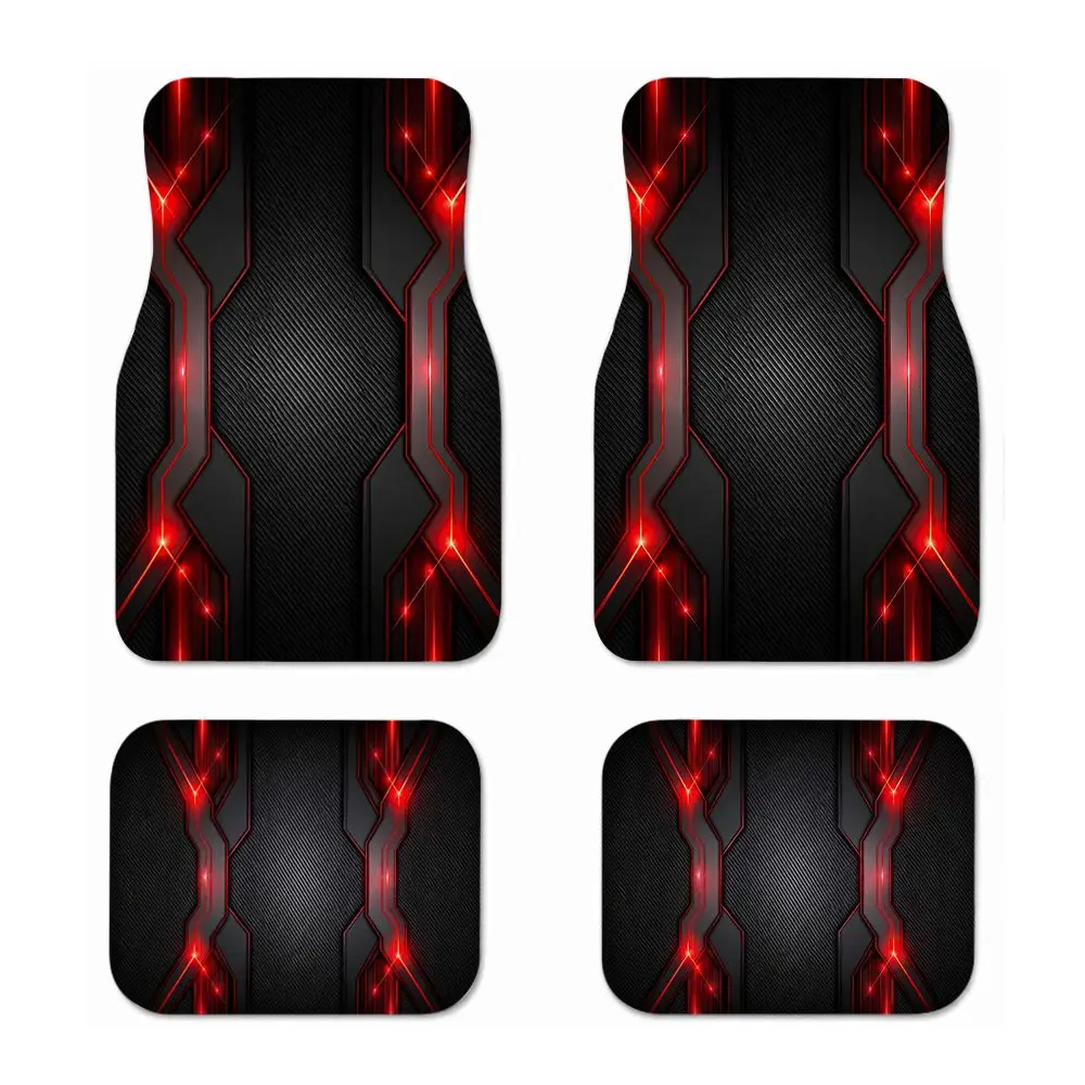 4Pcs Universal Car Floor Mats Red Neon Mecha Stripe Pattern Waterproof Non-slip Auto Foot Liners Stain Resistant All Weather SUV
