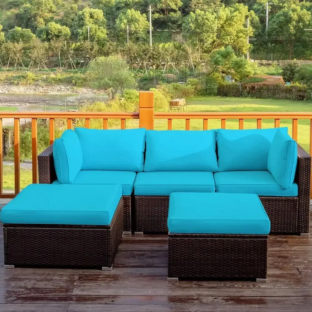 Turquoise Outdoor Patio Sectional Furniture Set with Cushions and Coffee Table for Backyard, Porch, Garden, and Poolside