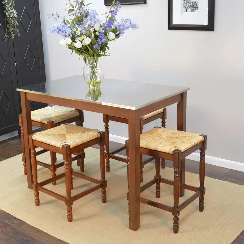 

24" Counter Stool with Woven Rush Seat - Vintage Solid Wood e, Hand inish BacklStool - Contemporary
