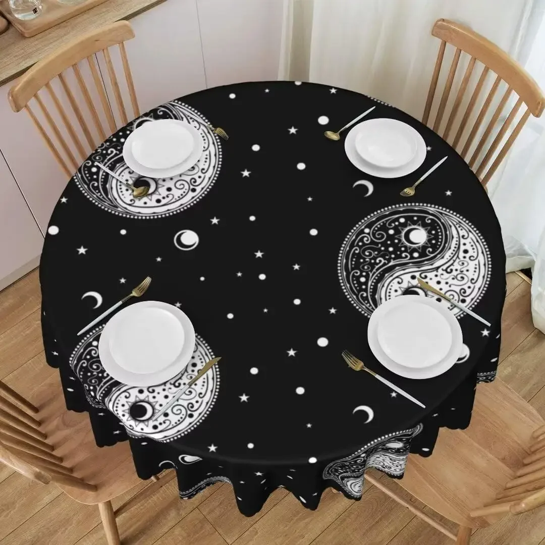 Mystical Celestial Yin Yang Circle Tablecloth - Boho Moon Stars Witchy Party Diner Cover