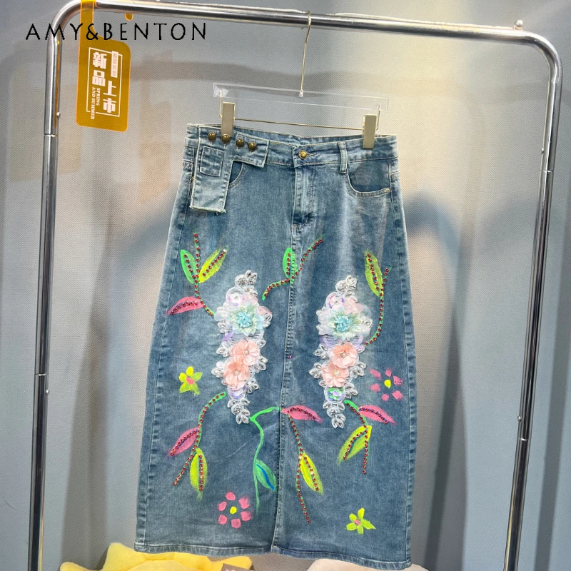 

Heavy-Duty Painted Beaded Sequined Flower Denim Skirt 2024 Summer Spring New Design Loose All-Match Jeans Skirts Women's Clothes