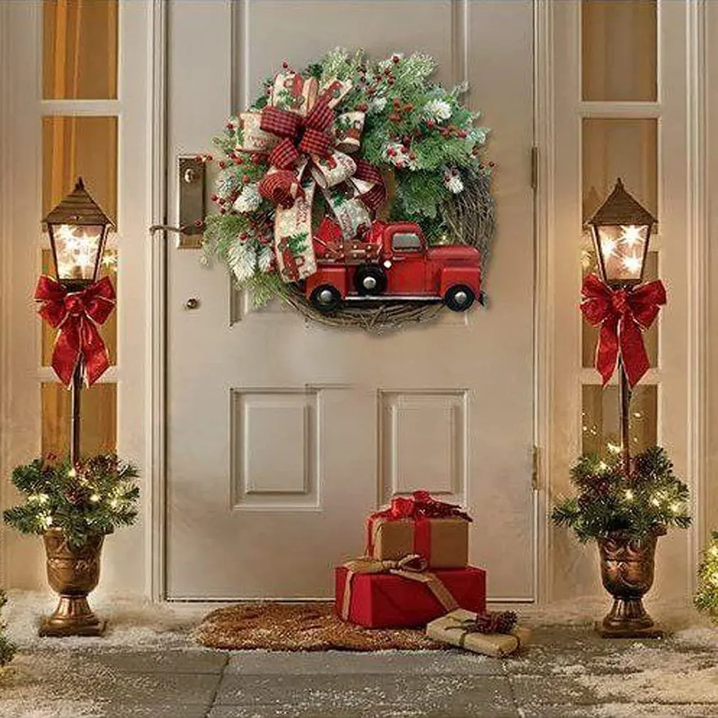 2024 Christmas Wreath Red Truck Front Door Wreath Vintage Farm Wreath With Pine Cones Fall Wreaths For Thanksgiving Xmas Decor