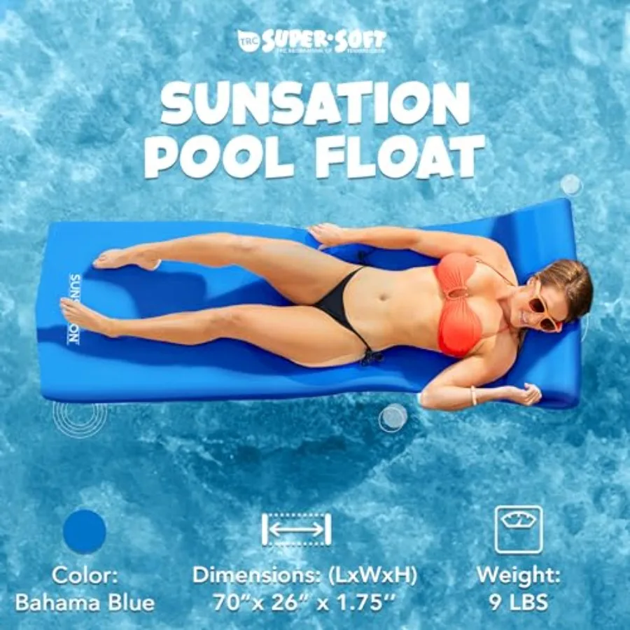 Pool float lounger for swimming pools beaches lakes: thick foam, blue, extra-thick cushioning and ergonomic headrest