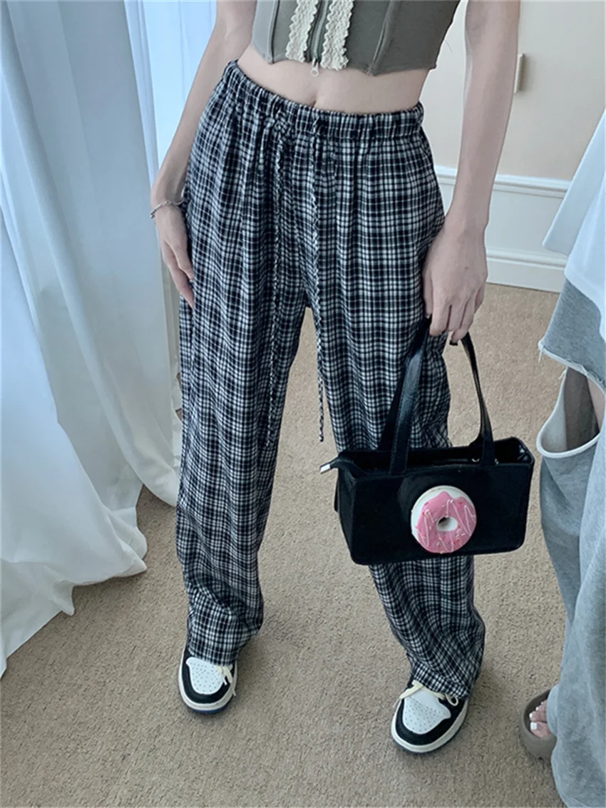 

PLAMTEE Lazy Style Pants Women Casual High Waist Slim New Straight 2024 Summer Straight Streetwear Chic Office Lady Plaid