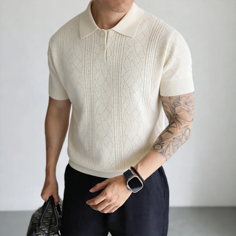 Preppy Daily Men Wear Hollow Cable Knit Short Sleeve Polo Top Lapel Collar Half Button Placket Ribbed Hem Knitted Causal Shirt