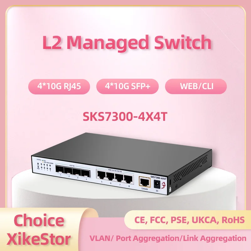 XikeStor 10G L2 Switch 4-Port 10G RJ45 4-Port 10G SFP+ Ethernet Switch WEB/CLI Support VLAN & Port Aggregation Link Aggregation