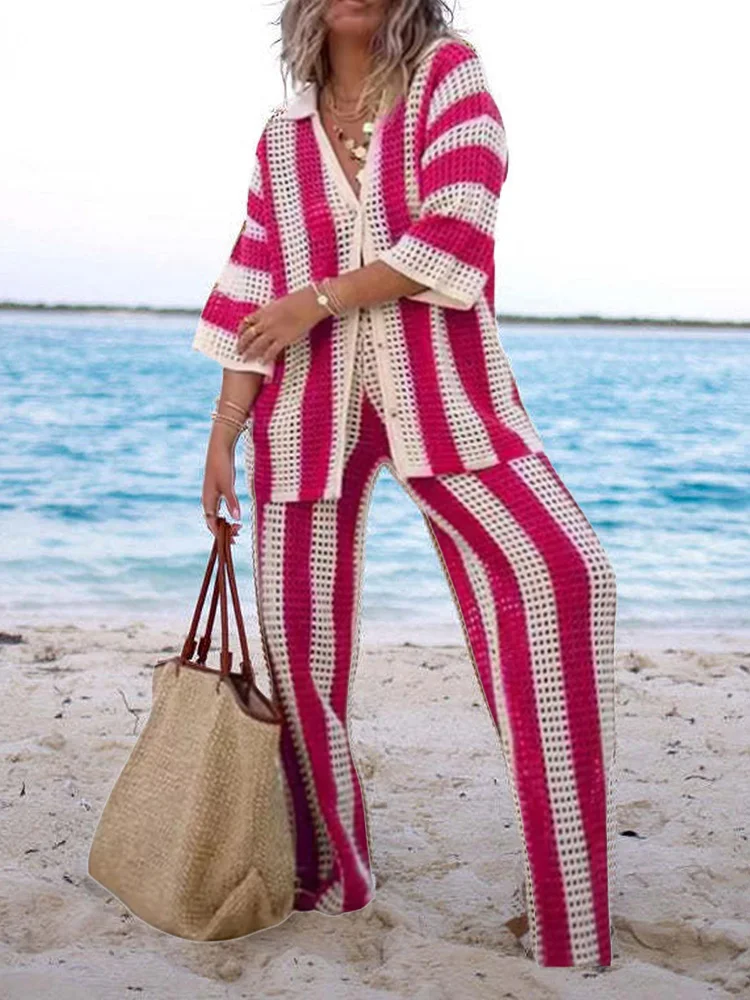 

Одежда для отдыха в пляжном стиле 2024, одежда в полоску, женские весенне-летние свободные комплекты с широкими штанинами, кардиган, топ, женские костюмы с вырезами