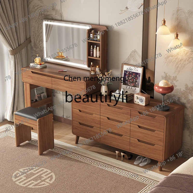 New Chinese dresser, modern bedroom is simple, solid wood color, makeup table, mirror, desk and chest are integrated