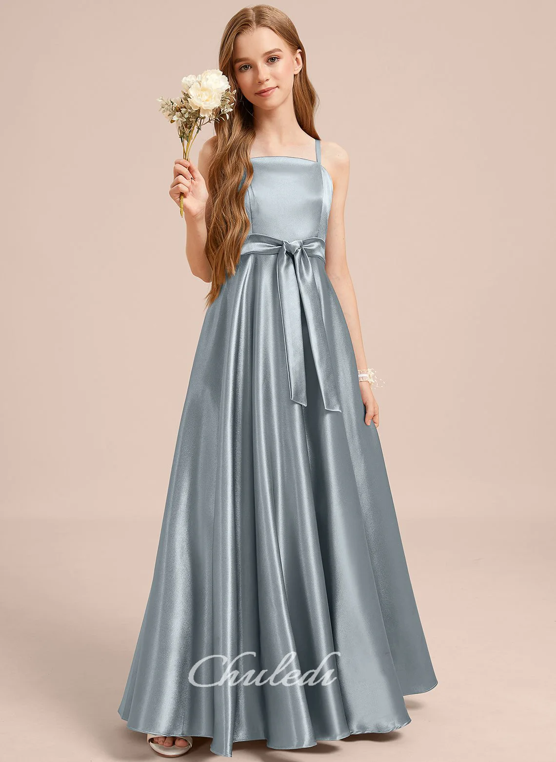 A-line Square Floor-Length Stretch Satin Junior Bridesmaid Dress