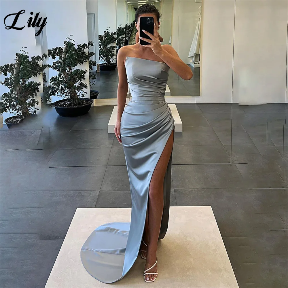 Lily Strapless Orange Prom Dresses Sexy Side Split Wedding Darty Dress Stain Mermaid Evening Dress Sleeveless вечернее платье