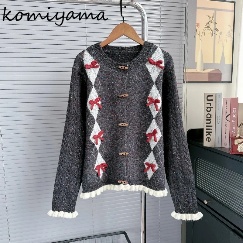 

Bow Spliced Cardigan Argyle Knitted Woman 2025 Sweater Korean Loose Ropa De Mujer College Style Cardigans Contrast Clothes