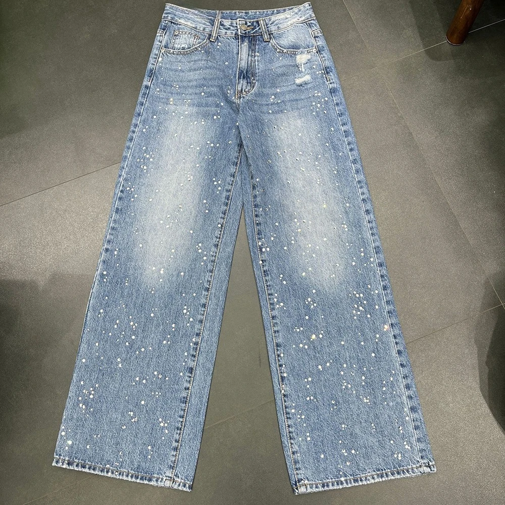 TWOTWINSTYLE Casual Slimming Jeans For Women High Waist Spliced Diamonds Spring Design Sense Trousers Female Fashion KPA557168