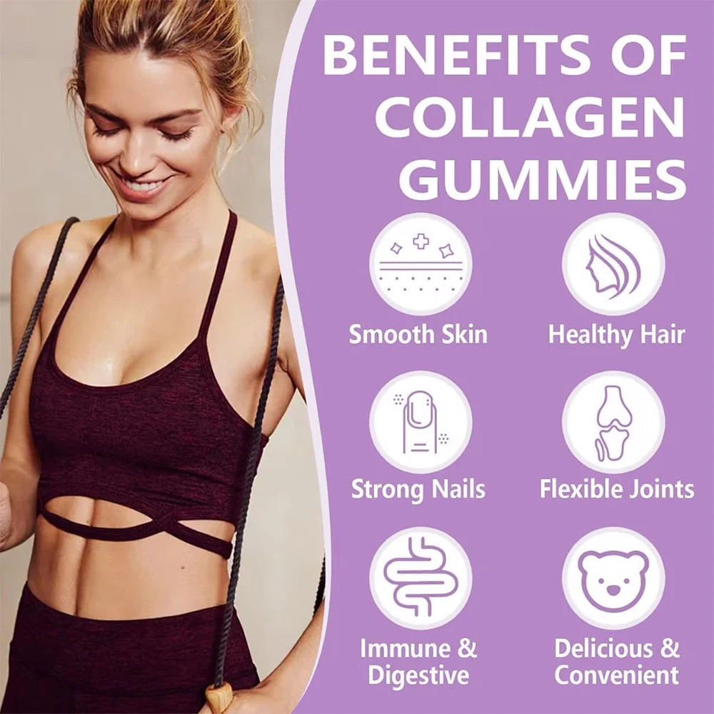 علكة الببتيد بالكولاجين للنساء والرجال، مع فيتامين C وبيوتين، لضم أظافر البشرة والشعر، ومضادات الأكسدة، ودعم المناعة